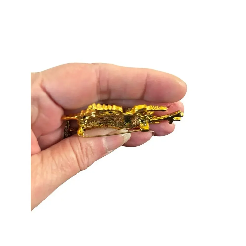 Stag Beetle Brooch Gray Amber Rhinestone Gold Tone Insect Pin Contemporary